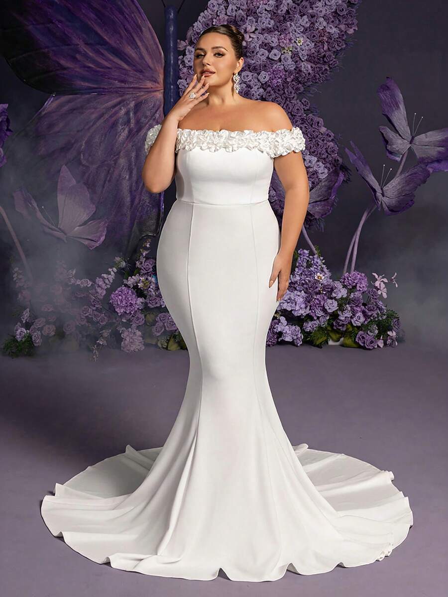 Faeriesty Bride Plus 优雅露肩美人鱼婚纱，配有精致的花朵肩饰和飘逸的拖地长裙 - 浪漫新娘礼服，非常适合婚礼仪式、梦幻花园招待会和室内新娘摄影 - 白色 - 查看 1