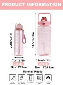1 pieza Botella de agua de 2000ml o 750ml con flujo de agua rápido y a prueba de fugas, botellas de agua para fitness, gimnasio, exteriores, oficina, vuelta al cole (Rosa) con marcador y pajita, jarra de agua de gran capacidad, Artículos esenciales para un viaje de verano a la playa