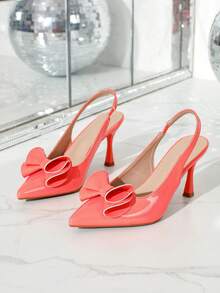 Women's Elegant Butterfly Decor Pointed Toe Elastic Band Patent Leather High Heel Sandals, Closed Toe Slip-On Pink Summer Shoes - Coral Pink - View 1