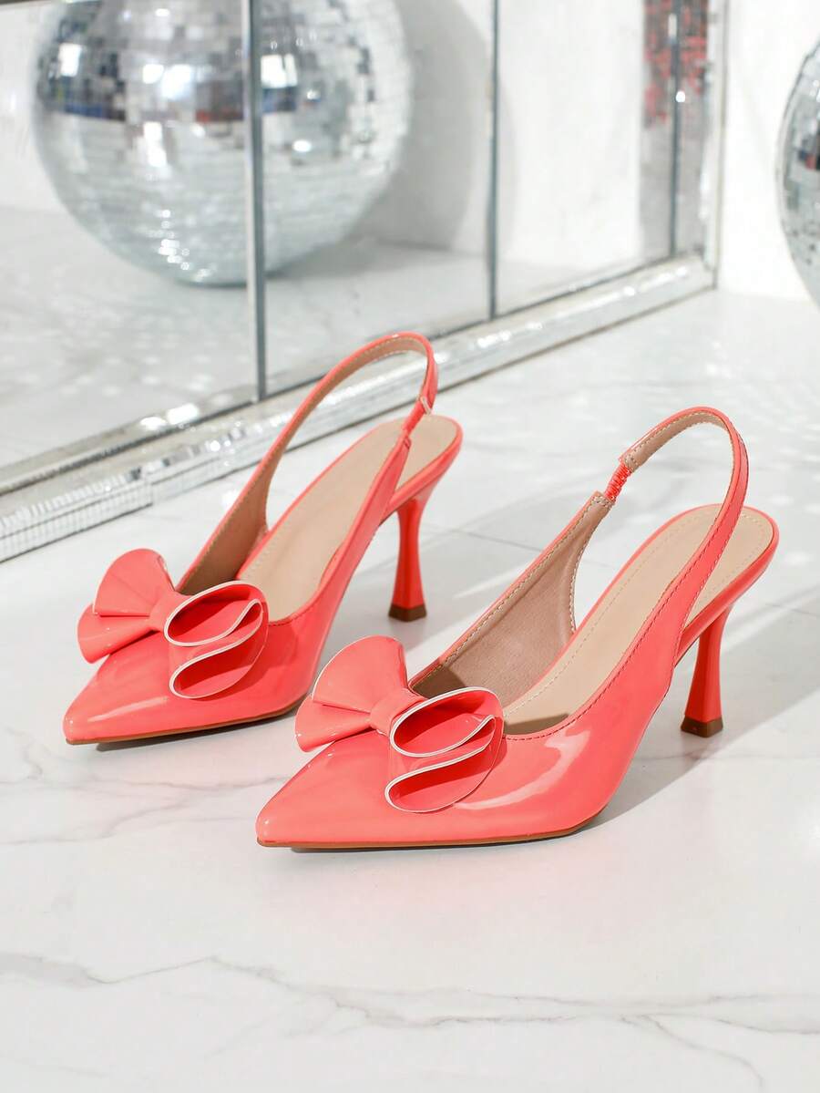 Women's Elegant Butterfly Decor Pointed Toe Elastic Band Patent Leather High Heel Sandals, Closed Toe Slip-On Pink Summer Shoes - Coral Pink - View 1