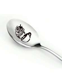 1支不锈钢趣味猫头鹰咖啡勺，刻字，男女通用 - 可爱勺子，适合作为咖啡爱好者、男士、女士、朋友、猫头鹰爱好者的礼物，生日礼物，以及其他勺子款式，学习用品