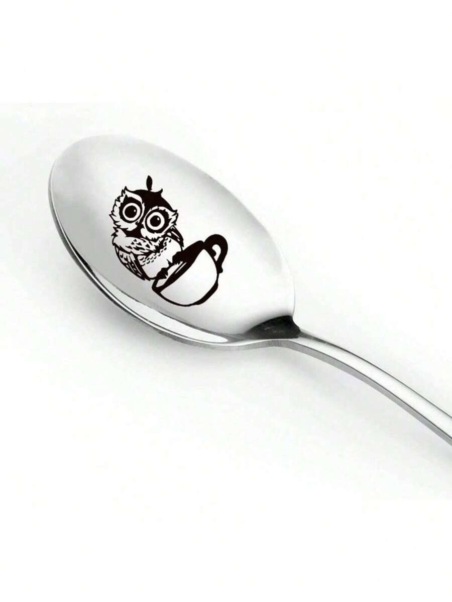 1支不锈钢趣味猫头鹰咖啡勺，刻字，男女通用 - 可爱勺子，适合作为咖啡爱好者、男士、女士、朋友、猫头鹰爱好者的礼物，生日礼物，以及其他勺子款式，学习用品