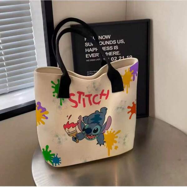 bandai Bandai 1pc Stitch Women's Sweet Style Tote Bag - Large Capacity Stitch Flower Crossbody Shoulder Bag, Durable Polyester Material, Zipper Closure, Suitable For Daily Outings, Cartoon Pattern Design, Fashionable Shopping Accessories