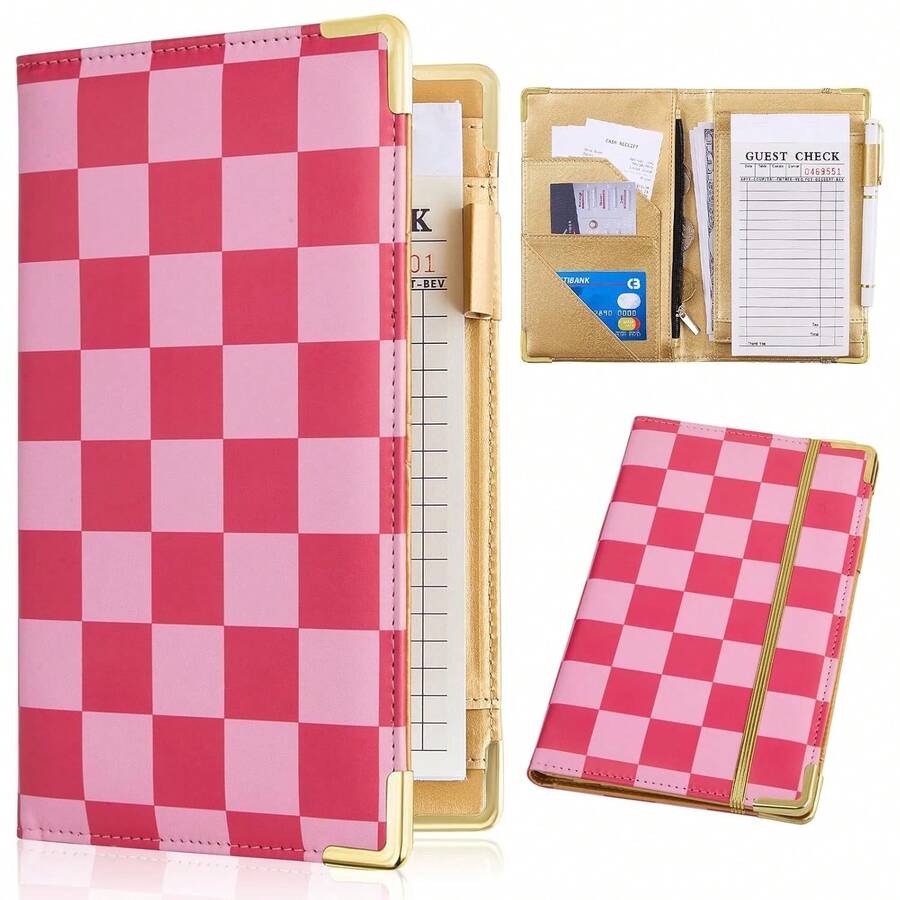 Cute Waitress Book With Money Pocket, Leather Server Book With Zipper Wallet, Black Serving Organizer Fits Server Apron - Pink Checkerboard - 查看 1