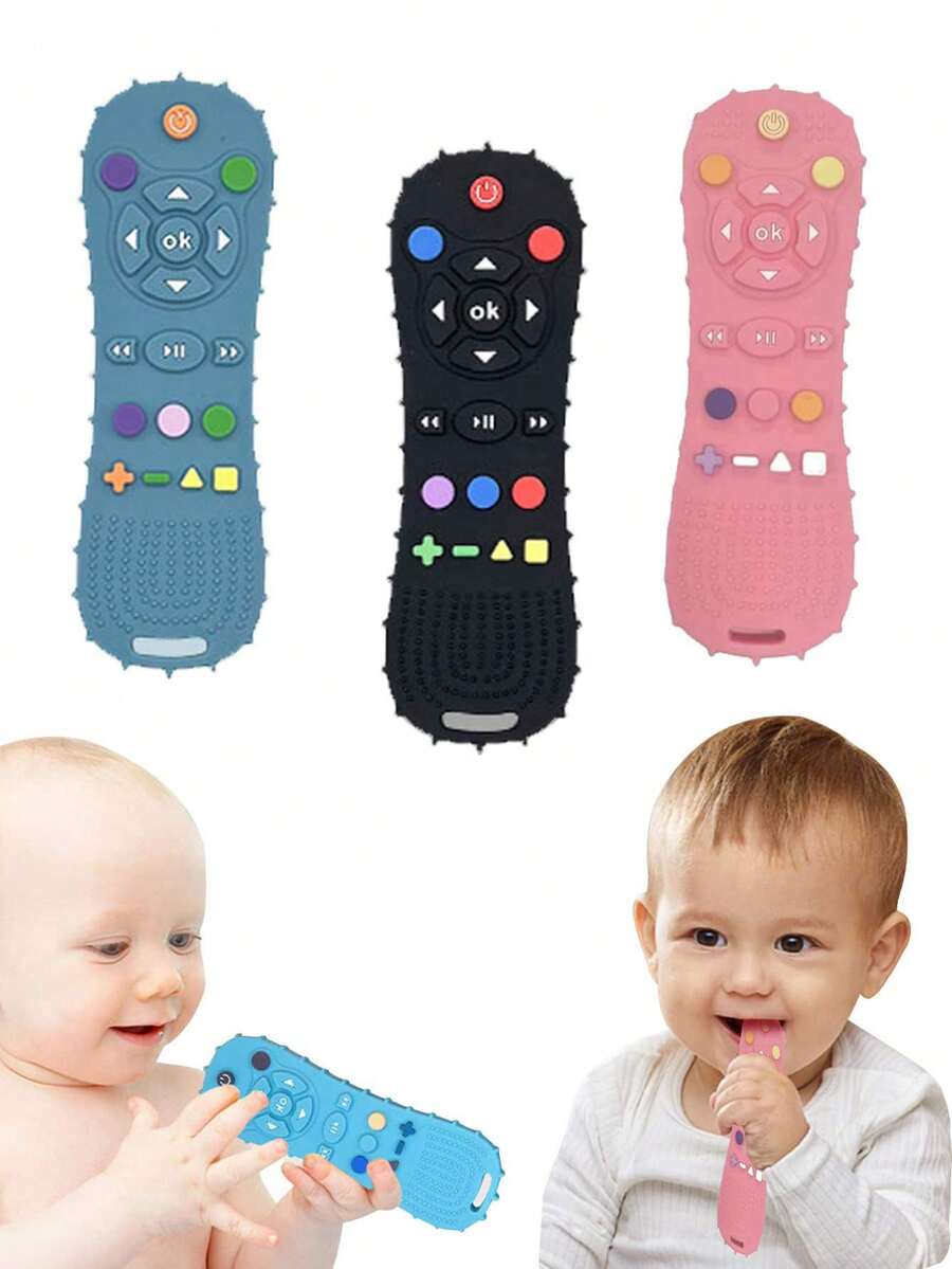 1 件随机颜色婴儿电视遥控形状玩具硅胶牙胶咀嚼抓握锻炼游戏开发智力早教感官玩具幼儿（部分零件随机发送） - 彩色 - 查看 1
