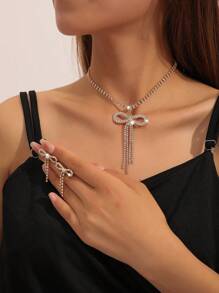 2pcs Women Elegant Necklace&Earrings Set, Double Bow Crystal Tassel Jewelry For Wedding Party,Bridal