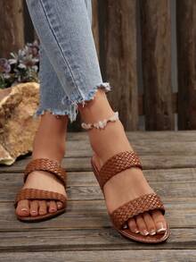Women's Flat Fashionable Casual Gold Color Beach, Home, Outdoor, Party Leather Sandals And Slippers - Brown - View 5