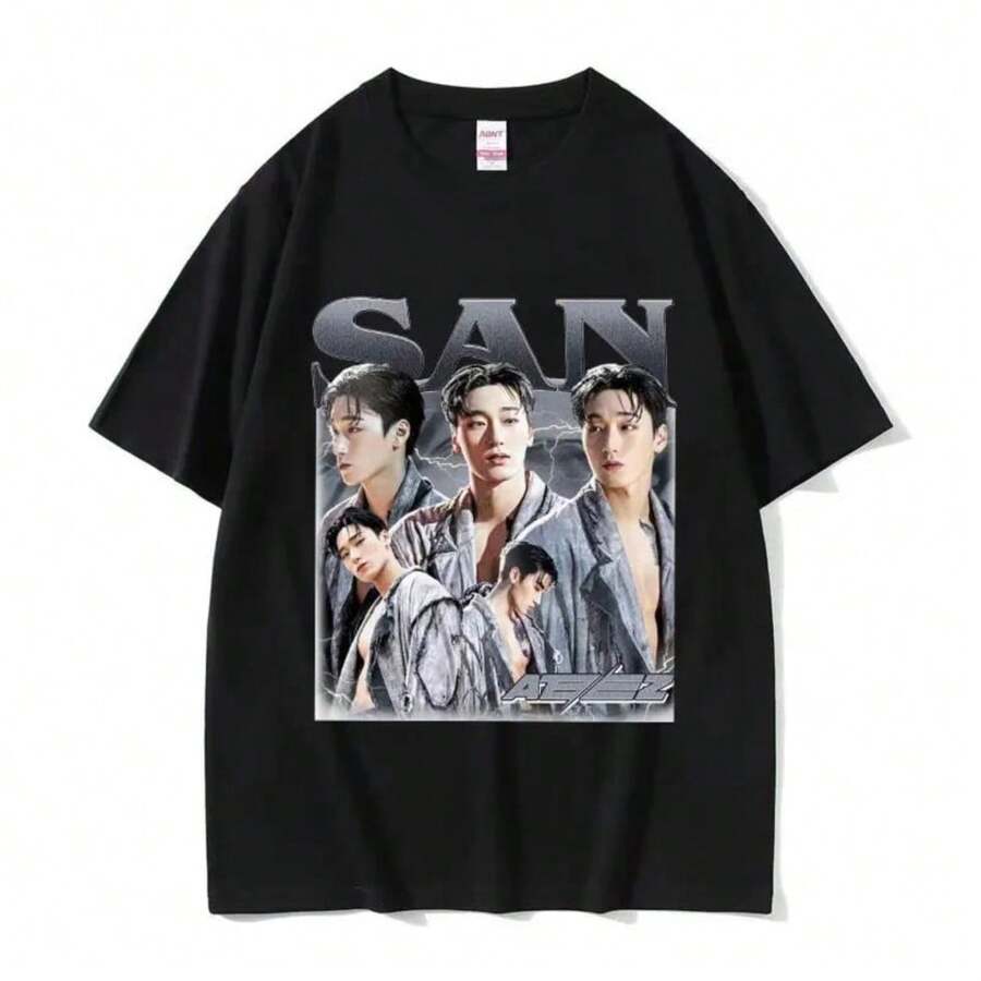 Fashion-South Korea Ateezs MINGI Graphic T-Shirt Men's Hip Hop Retro Fashion Short Sleeve T-Shirt Casual Cotton T-Shirt Streetwear - 黑色 - 查看 1