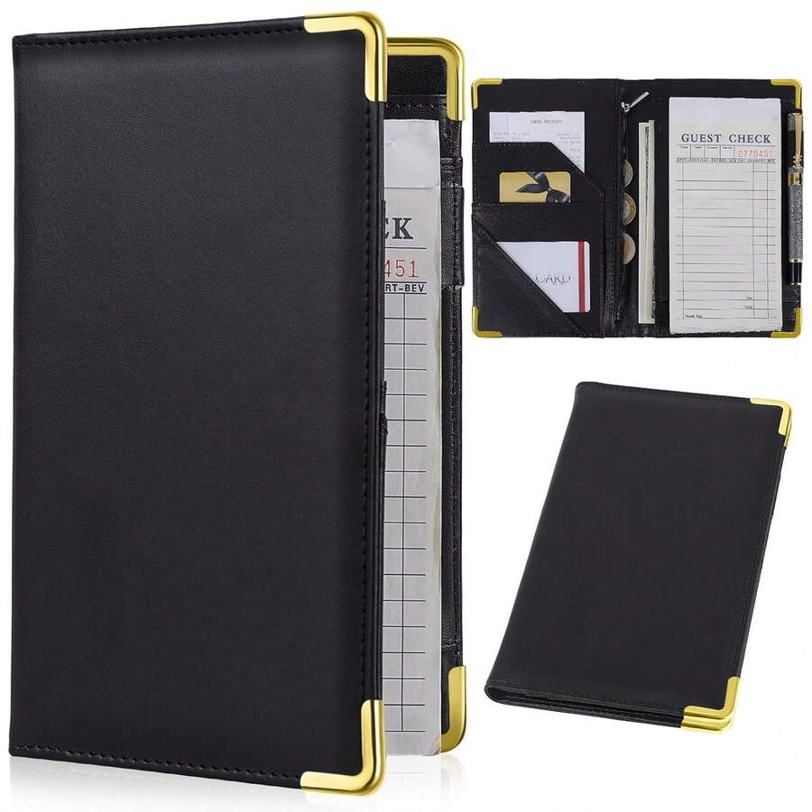 Cute Waitress Book With Money Pocket, Leather Server Book With Zipper Wallet, Black Serving Organizer Fits Server Apron - Đen thuần khiết - Xem 1