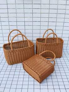 1pc Outdoor Handheld Basket, Woven Rattan Style Tote Basket, Gift Basket, Home Storage Basket, Laundry Basket, Toiletry Basket, Cosmetic Organizer Basket - Multicolor - View 6