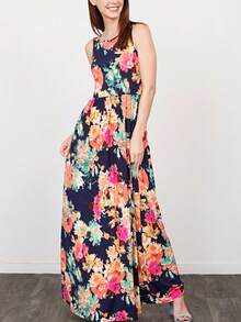 Boho Retro Vintage  Solid  Grey Color Block Color Sleeveless Grey Maxi Dress Racer | S-3X - Blue Floral - View 4