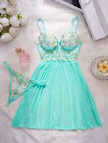 Women Solid Color Mesh Lace Splice See-Through Sexy Camisole Nightgown, Rave - Mint Green - View 3