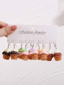 5 Paar süße 3D simulierte Bubble Tea, Kuchen, Eis Ohrhänger Set, Makrone farbiger realistischer Harz Süßigkeiten Snack Ohrringe für Frauen, Frühling/Sommer Accessoire, Party Gastgeschenk - Verschiedenfarbig - Übersicht 4