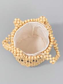 ENSPT Einteiliges Farbblockdesign Perlen Cut Out Ahornholz Material Damen Handtasche mit Kordelzugverschluss und abnehmbarer Innentasche, Eimer Tasche für Damen Strandurlaub und Reisen.