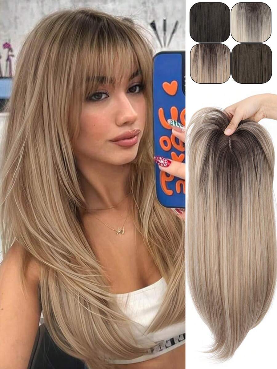 Extensión de cabello postizo con clips, pieza superior sintética con 3 clips en una sola pieza, extensión de cabello suave con flequillo para mujeres - Multicolor - Ver 1