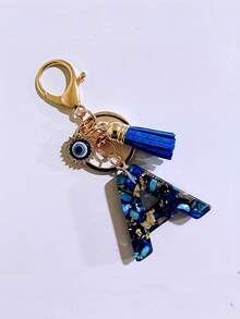 1pc Chic Blue Resin Alphabet Initial Keychain With Evil Eye & Tassel - Stylish Oblong Letter Charm, Rhinestone Embellishments, Lobster Clasp - Perfect Everyday Accessory & Thoughtful Gift For Women, Ladies Key Ring Backpack For School Car Accessories Cute Goth Y2k - Multicolor - View 3