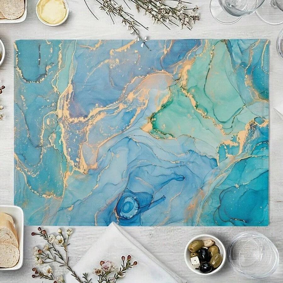 这款1/4/6片装厨房餐桌垫采用镀金抽象图案设计，由100%聚酯纤维编织而成。尺寸为12 * 18英寸/30 * 45厘米，可机洗。耐热、防污、防水，易于清洁。可用作礼品、家居用品、厨房用品和春季室内装饰。