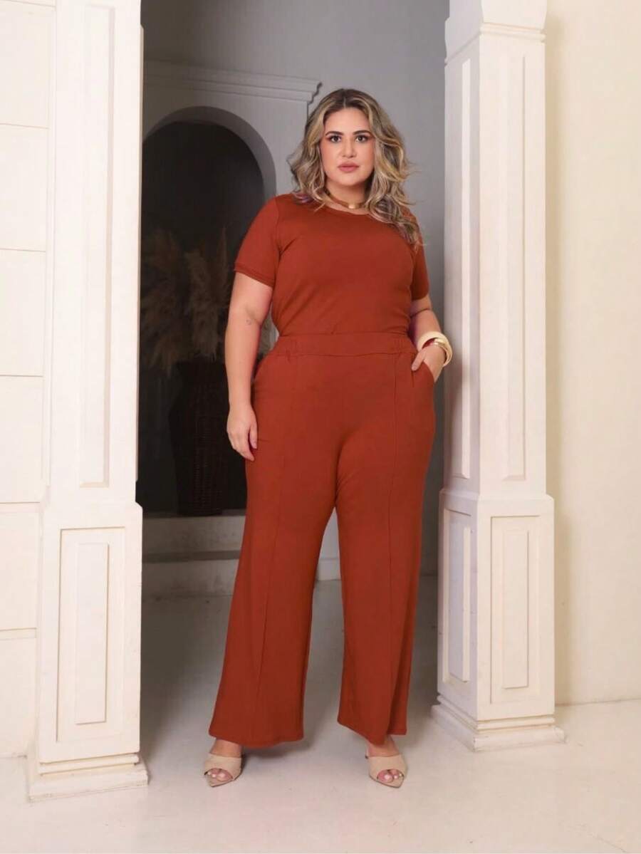 Women's Plus Size Set Of Sweatpants And Short-Sleeved Top - 屋頂的瓦片 - 查看 1
