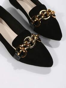 Ladies' Metal Chain Buckle Fashionable Pointed Flat Sole Single Shoes Comfortable Soft Sole One Foot Shoes Elegant Style Spring And Summer Daily Wear Black Ballet Flat Shoes Suitable For Commuting And Office Black Shoes - màu đen - Xem 4