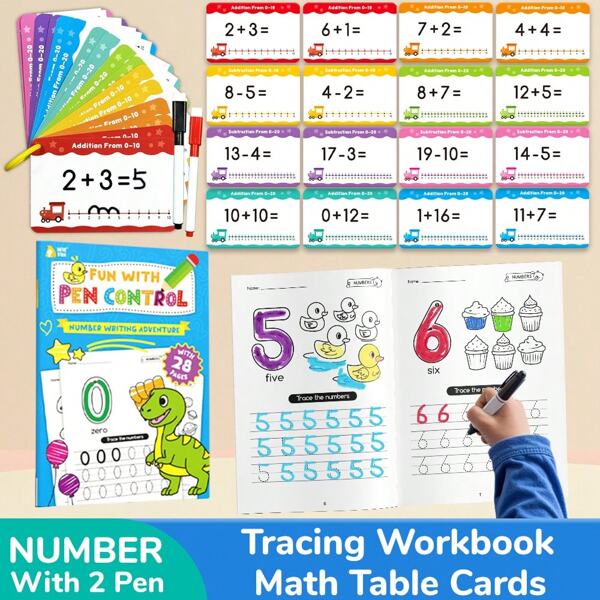 beartale Livre d'apprentissage des chiffres de 28 pages et 26 pièces de cartes de chiffres recto-verso avec pince, cartes d'apprentissage pour tout-petits, jouet d'apprentissage des mathématiques, livre de mathématiques, chiffres pour enfants, convient pour l'entraînement au contrôle de l'écriture et la pratique de l'éveillage, jeux de lecture pour enfants, cahier d'écriture pour les enfants d'âge préscolaire, papier imperméable, aides pédagogiques