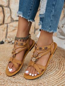 女士时尚波西米亚风格平底凉鞋，休闲百搭，适合婚礼、派对、户外、海滩 - 棕色 - 查看 3