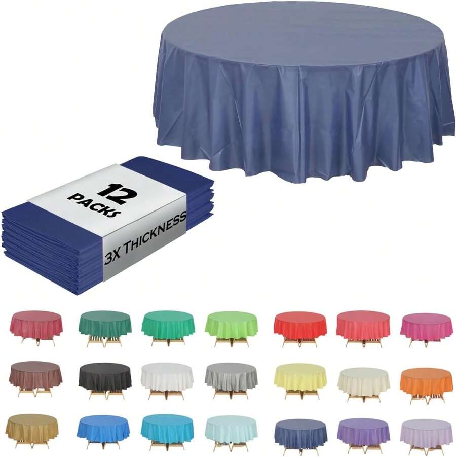 (12-Pack Heavy Duty Plastic Table Covers Tablecloth (Reusable) (Round 84", Navy Blue) - 藏蓝色 - 查看 1