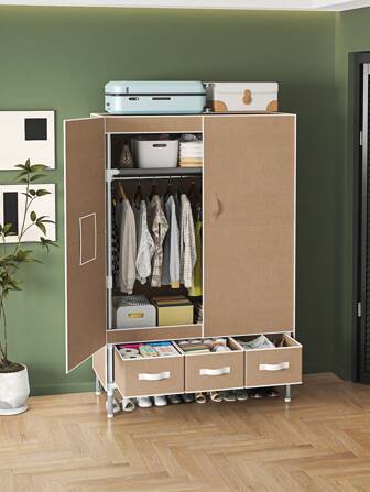 1 pieza Armario de estilo moderno de unicolor, de fácil montaje, con diseño de puerta doble magnética, estructura de tubo de acero reforzado (19 mm), con compartimento colgante y estantes de almacenamiento multinivel, con 3 cajones en la parte inferior, adecuado para almacenar ropa y artículos del hogar, aplicable a hogares, dormitorios, viviendas de alquiler, muebles de armario de apartamento / 90x45x170cm