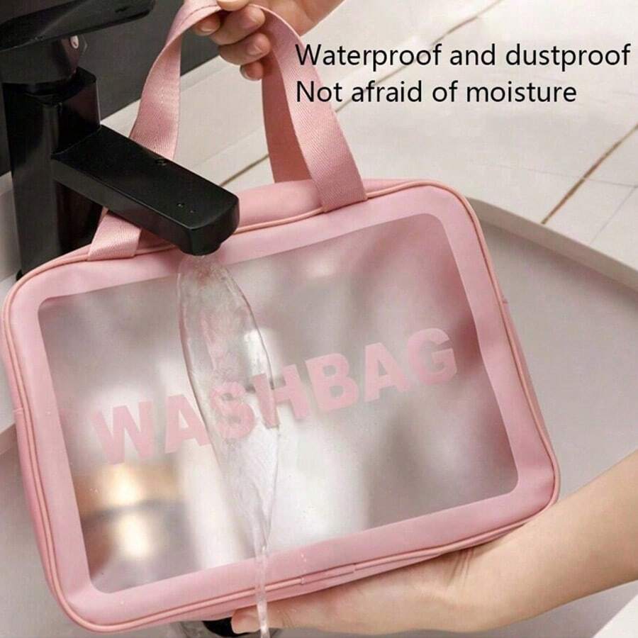 1pc Transparent Large Capacity PVC+PU Toiletry Bag, Cosmetic Wash Organizer Pouch, Semi-Transparent Matte Storage Bag For Women