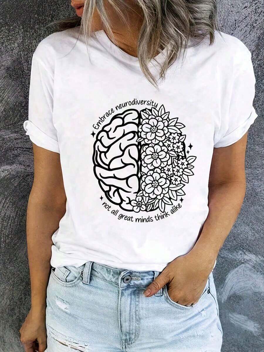 Women's Casual Round Neck-Shirt With Neurodiversity & Floral Brain Print, 220g Cotton, Casual Crew Neck, Great Weekend Escapades And Outdoor Fun.Suitable Both Men And Wo - 白色 - 查看 1