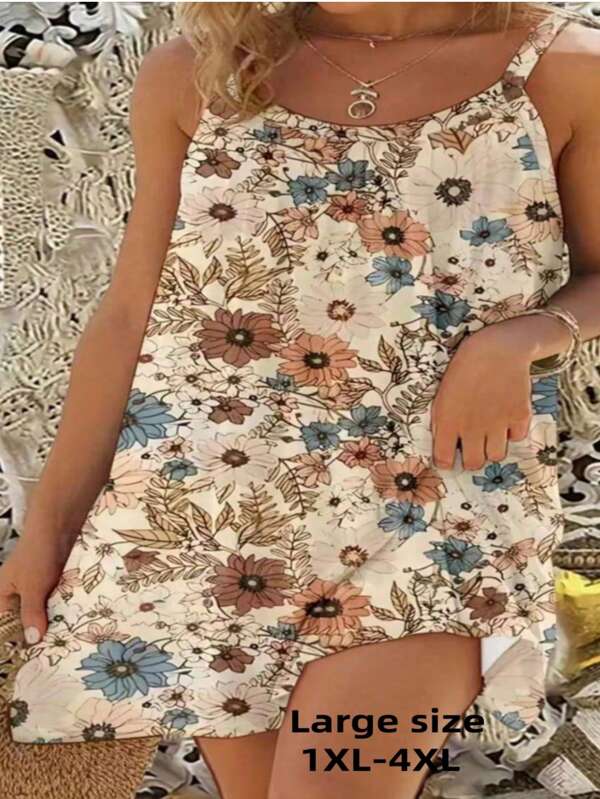 Plus Size Women Sleeveless Casual Printed Beach Dress, Women Summer Top