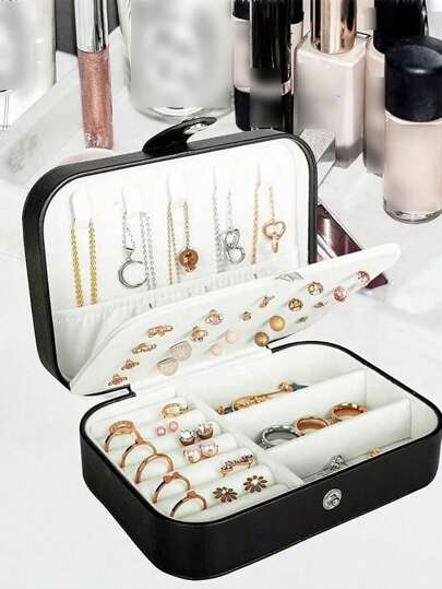 1pc Multi-Functional Travel Jewelry Box, Jewelry Earrings Necklace Storage Box, Makeup Lipstick Leather Jewelry Organizer Case, Large Capacity Portable Leather Jewelry Box With Button
