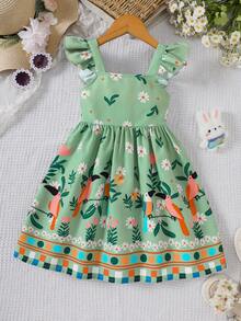 Vestido Casual de Férias de Cintura Marcada sem Mangas com Estampa Floral, Primavera/Verão, para Meninas Jovens - Verde - Visão 1