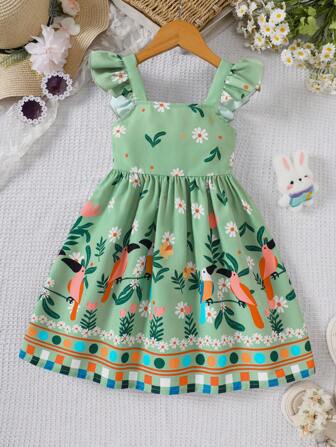 Vestido informal con cintura ceñida, sin mangas y estampado floral para niñas, para primavera/verano