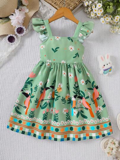 Vestido Casual de Férias de Cintura Marcada sem Mangas com Estampa Floral, Primavera/Verão, para Meninas Jovens