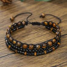 1pc New Tiger Eye Black Agate Natural Stone Beaded Bracelet, Adjustable Multi-Layer Woven Bracelet For Women & Men, Durable