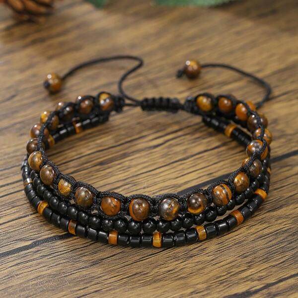 1pc New Tiger Eye Black Agate Natural Stone Beaded Bracelet, Adjustable Multi-Layer Woven Bracelet For Women & Men, Durable