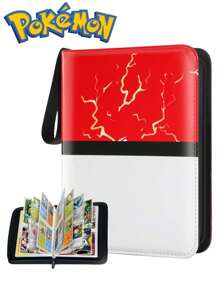 pokemon Libro de almacenamiento de tarjetas de intercambio, con 4 ranuras para tarjetas, puede almacenar hasta 400 tarjetas, incluye 50 fundas desmontables para tarjetas, libro portátil para coleccionar tarjetas, compatible con tarjetas Pokémon, cartas de juegos de intercambio y cartas deportivas, en color rojo y blanco.