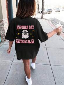 青少年女孩“Another Day”图案超大圆领T恤，适合年轻学生的休闲暑假装