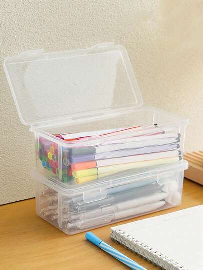 1pc/2pcs/3pcs Large Capacity Transparent Stationery Storage Box (Choose From 2 Sizes: 7.28in/7.48in), Colored Pencil, Watercolor Pen, Drawing Pen Holder, Student Art Supplies, Office Organizer,Bag,Case