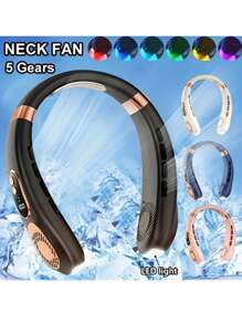 USB Rechargeable Portable Necklace Fan, 5-Speed Adjustable, LED Night Light For Emergency Lighting, Must-Have For Fast Cooling In Summer, Suitable For Home, Travel, Outdoor Sports, Beach Vacation