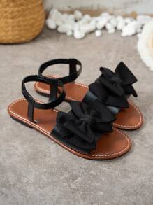 Women's 2025 Summer New Fashion Sweet Style Wide Strap Bow Decor Elastic Ankle Strap Flat Sandals, Soft Sole Comfortable Anti-Slip Suitable For Work And Casual Outfits