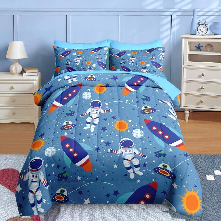 7 Pcs Comforter Set Full Size, Space Moon Astronaut Bedding For Kids Teen, Cartoon Science Galaxy With Fitted Sheet 2 Pillowcases & 2 Shams For Bedroom Bed Decor - Multicolor - View 1