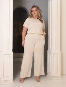 Women's Plus Size Set Of Sweatpants And Short-Sleeved Top - Income - View 4