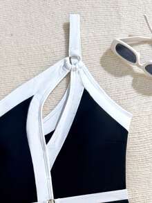 1pc Solid Color Casual Elegant Sexy Hollow-Out Knit Fabric Open Ring Buckle Vacation Beach Travel Sports & Fitness Dress, Suitable For All Seasons