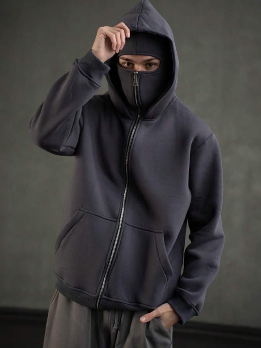 Full Zipper Retro Mask Jacket Coats Y2k Hip Hop Rock Men Oversized Punk Hoodie Winter Warm Long Sleeve Sweatshirt , Zip Up Hoodie Men, For Friends, Husband, Boyfriend Gifts - 灰色 - 查看 1