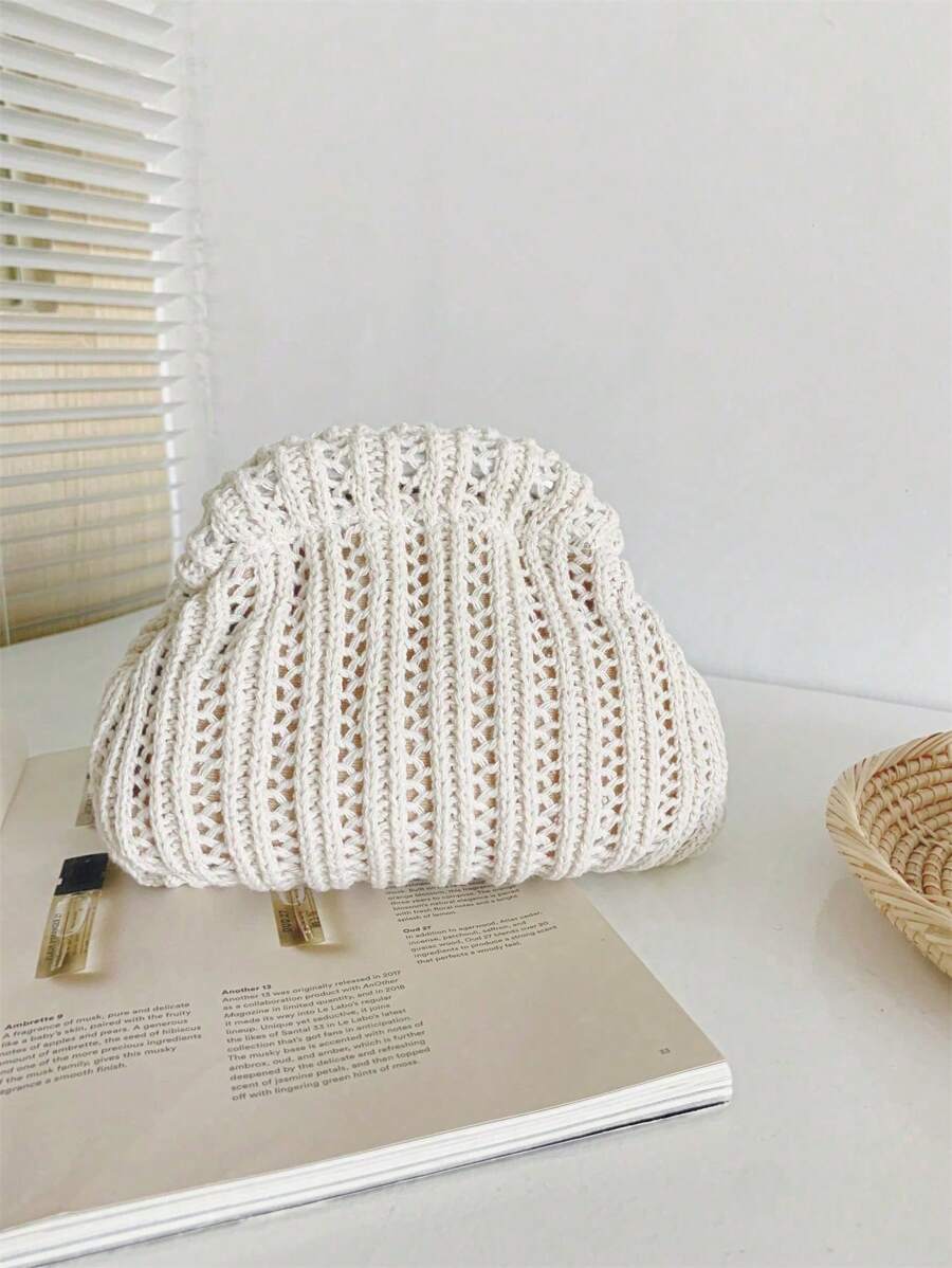 1 Bolso de mano vintage mini de punto, con rayas de unicolor, diseño de pasador vintage, hueco, estilo clásico de vacaciones de los 90, monedero, bolsa para lápiz labial, bolsa de cosméticos, bolso de noche, puede contener teléfono móvil