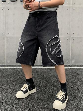 宽松磨边休闲洗水牛仔短裤男式