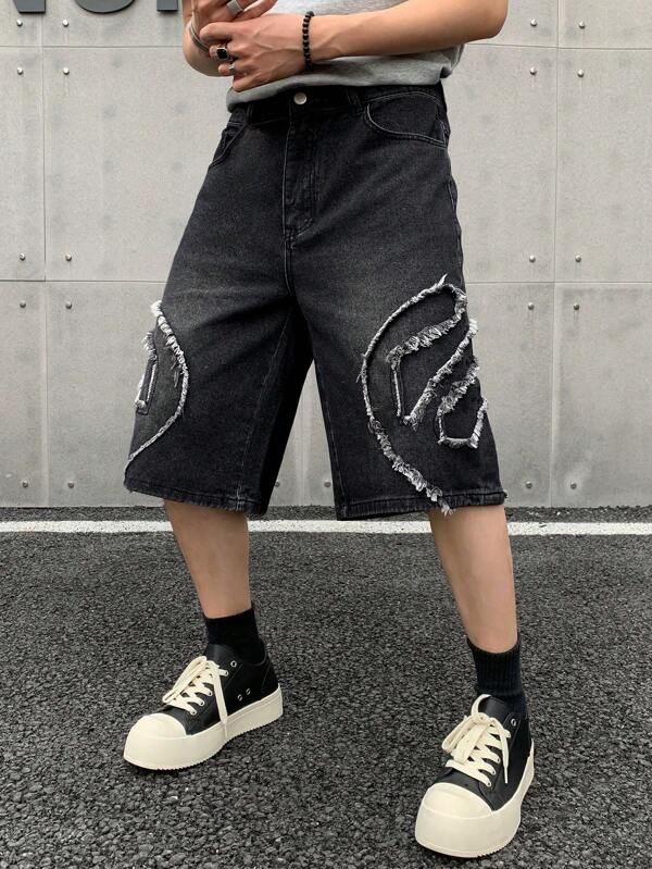 Short en jean déchiré à l'ourlet déstructuré, délavé, casual pour homme