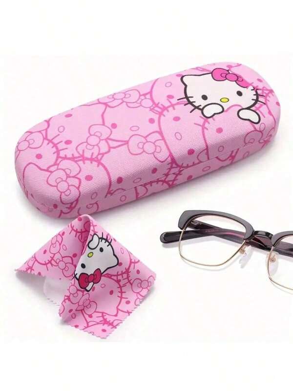 Sanrio Juego de 1/2 piezas que incluye: Estuche para gafas de Hello Kitty, Paño de limpieza de gafas de Hello Kitty, Estuche para guardar gafas de sol con 2 piezas talla grande paño de limpieza de gafas, estuche para gafas, marco de gafas, estuche para gafas, accesorios de gafas unisex con diseño encantador, caja de almacenamiento portátil para gafas resistente a la presión de material de PU