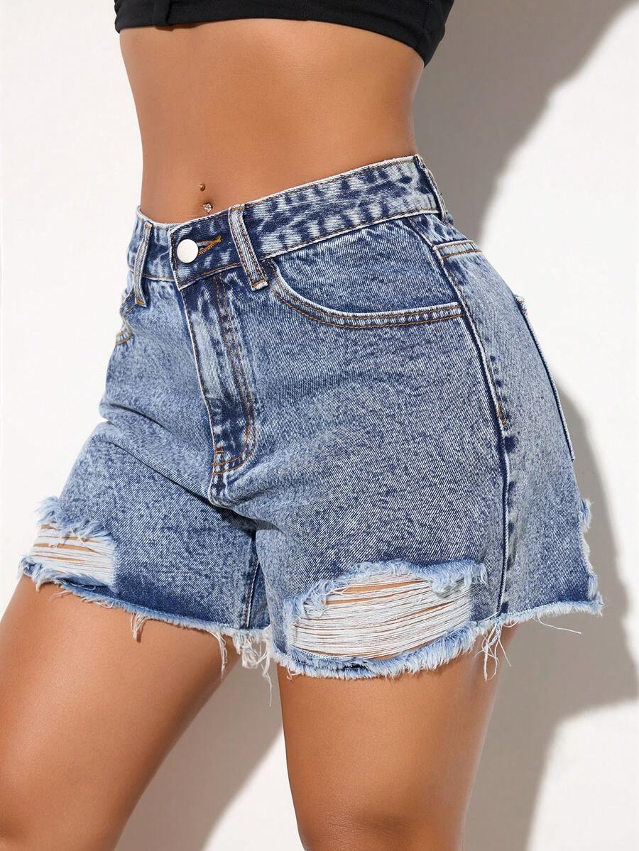 ICON Women'S Spring And Summer Slant Pocket Non Elastic Punch Washed Denim Shorts - Baby Blue - View 1